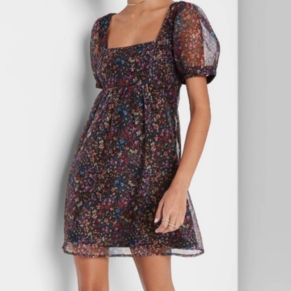 WILD FABLE Mini Puff Sleeve Floral Dress S Boho Fairy Cottagecore Whimsygoth
